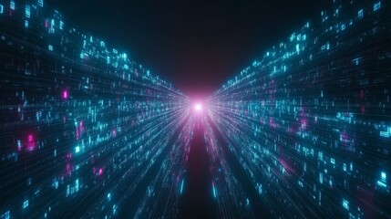 Obraz premium A wide-angle view of a futuristic urban landscape glows with blue digital grids and vibrant holographic images, highlighting advanced connectivity and technology