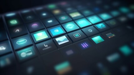 Abstract keyboard buttons illuminated in colors.