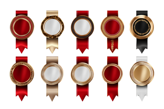 A set of realistic red and gold ribbon medals with white space in the center for text on transparent background