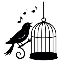 Fototapeta premium A bird-in-a-cage-singing-silhouette-vector-illustration. 