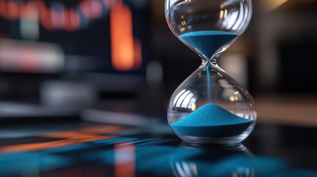 A sand clock with blue sand symbolizes time and finance, reflecting against a backdrop of digital financial graphs, highlighting modern dynamics.