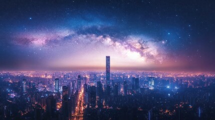Obraz premium Night city skyline, Milky Way, urban fantasy, aerial view, nighttime