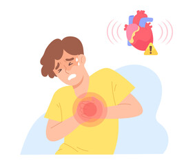 Suffering from a heart attack with cardiac organ and caution sign. Man holding his chest with painful face expression. Illustration for heart failure, emergency, medicine, Acute myocardial infarction.