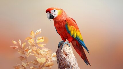 Obraz premium Vivid Scarlet Macaw Perched Gracefully on Natural Surface with Soft Pastel Background in Tropical Environment
