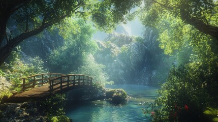 Serene forest bridge, stream, mist, sunlight, rocks, nature, calm, idyllic, fantasy background, game design