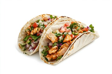 Two delicious soft shell tacos with grilled chicken isolated on a white background