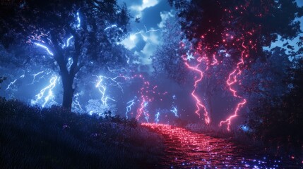 Magical forest path, dual lightning storm, fantasy game background