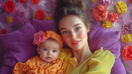 Fototapeta premium Mother and baby share a tender moment surrounded by colorful flower decorations in a bright setting young mother holding baby in arms in room, motherhood, wallpaper, background, generated by AI