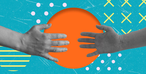 Digital collage modern art. Hands reaching together and shaking.