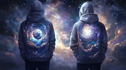 Fototapeta premium Holographic prism male hoodie, front and back view, multiverse visions theme, front has a shifting moon icon, back displays a surreal starry sky with overlapping cosmic dimensions, white background