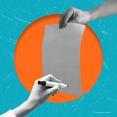 Contemporary art collage image of hands holding a signed document on paper.