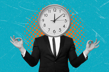 Contemporary art collage with men with a head clock shaped. Time management concept.