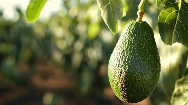 Ripe avocado hanging on a tree surrounded by lush green leaves in a sunny setting.