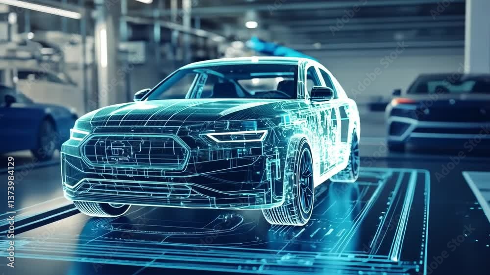 Poster futuristic car design concept featuring transparent body and digital components in high-tech environ
