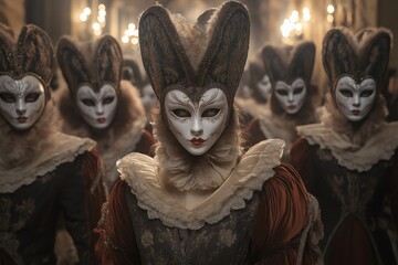 Mysterious masquerade ball with elegantly dressed participants wearing intricate venetian masks and elaborate costumes in a dimly lit grand hall
