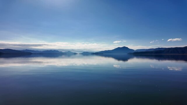Tranquil Lake Koycegiz panorama under a summer sky, with calm waters reflecting the landscape, Mugla, Turkey.