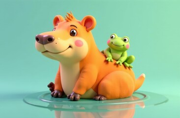 cheerful cartoon bear sitting with smiling frog on back against pastel green background. playful and colorful 3d illustration. children’s book, educational material, toy design.