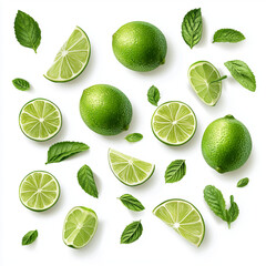Zesty Lime Delight: An overhead shot of vibrant green limes, whole and sliced, artfully arranged with fresh mint leaves.