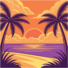 Tropical beach sunset vibrant colorful sky silhouette. 