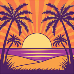 Tropical beach sunset vibrant colorful sky silhouette. 