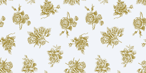 Seamless pattern of hand drawn golden roses flowers, vector background, fabric, paper, wallpaper, textile, wrapper