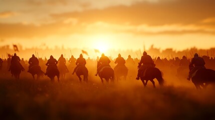 Medieval knights clad in shining armor ride gallantly through a hazy battlefield at dawn, their determination visible in the fog and diffused sunlight