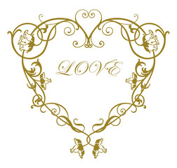 Heart shape golden floral in vintage style, chrysanthemum flowers, tendrils, valentines card, vector illustration isolated on white background