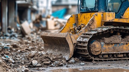 Fototapeta premium Heavy duty bulldozer working on a construction site. Heavy duty construction equipment.