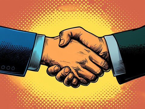 Pop art style illustration of a handshake between two businesspeople symbolizing partnership, agreement, and cooperation with vibrant colors and halftone effects