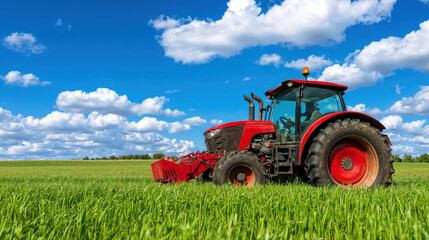 Obraz premium Red tractor mowing green field