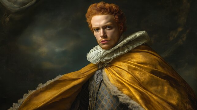Portrait of a young man with red hair in Renaissance attire and a golden cloak, conveying historical elegance and stately poise