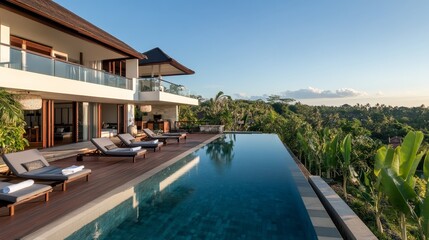 Fototapeta premium This luxurious modern villa features an infinity pool overlooking lush tropical plants and a spacious outdoor area perfect for relaxation in Bali's warm sun
