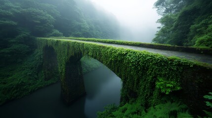Fototapeta premium Creeping ivy envelops a historic stone bridge as it arches gracefully over a calm river, framed by vibrant greenery and soft morning mist that enhances tranquility