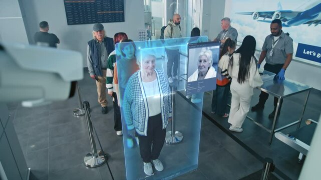 Airport Checkpoint: Queue of Diverse People Passing Biometric AI Face Scanning at Border Control. Security Camera with Advanced Facial Recognition Technology. Passengers Screening for Boarding Flight.