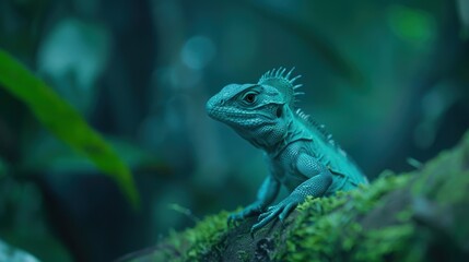 Obraz premium Blue Lizard in Lush Green Forest, Close up of a vibrant blue lizard on mossy branch.