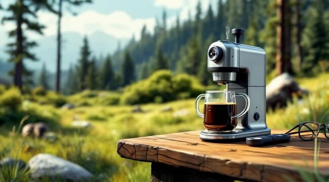 Coffee machine in nature, outdoors, relaxing scene, productivity