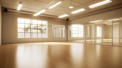 Obraz premium A modern dance studio with a polished wooden floor, large mirrors, and bright overhead lighting.