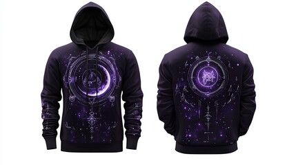 Midnight purple male hoodie, front and back view, arcane magic theme, front has a glowing rune moon, back displays an enchanted cosmic sky with floating sigils and constellations, white background