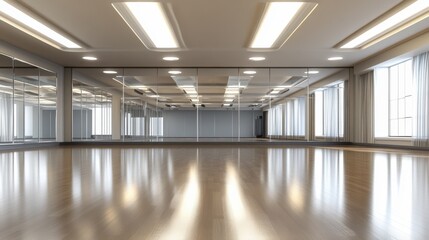 A modern dance studio with a polished wooden floor, large mirrors, and bright overhead lighting.