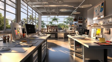 A modern design studio with sleek desks, sketchbooks, and digital tools.