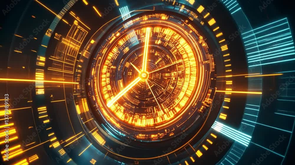 Poster futuristic digital interface with glowing orange elements and intricate circular patterns, represent
