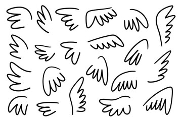 Bird wings doodle set. Hand drawn angel wing collection. Vector illustration isolated on white.
