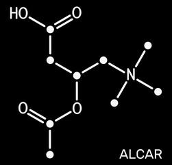 Acetyl-L-carnitine, ALC, ALCAR molecule. Dietary supplement acetylcarnitine, dark blue background