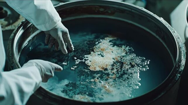 Scientist in gloves examining chemical solution in laboratory container.