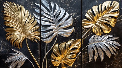 3d golden and silver leaf design with dark marble backdrop