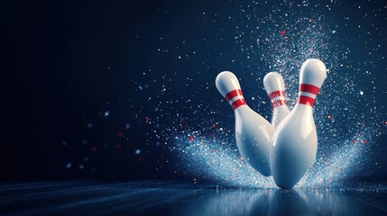 Bowling pins action shot with vibrant particle effect creating dynamic movement