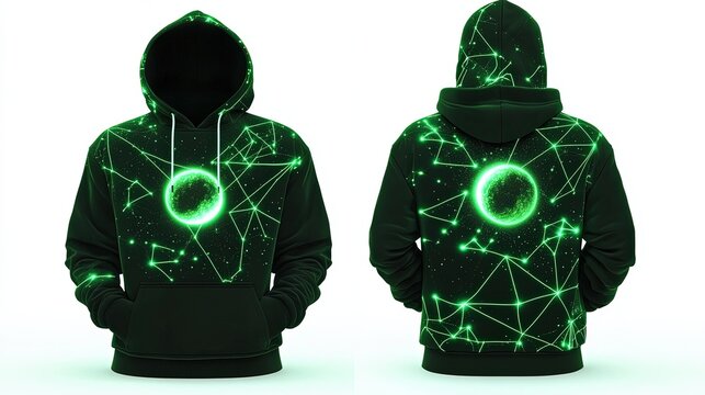 Neon green male hoodie, front and back view, cyber stars theme, front has a glowing AI-generated moon, back displays a futuristic night sky with neon constellation lines, white background, isolated - Powered by Adobe