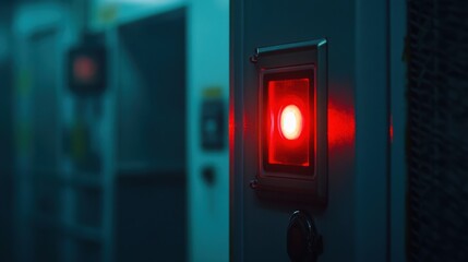 Red indicator light glowing in a dimly lit industrial hallway, creating an atmosphere of urgency and caution within a technical environment