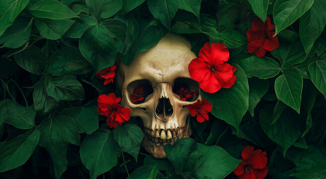 Caveira adornada com flores vermelhas vibrantes e folhas verdes exuberantes em um estilo de fotografia espont&acirc;nea, capturando a beleza da natureza e o macabro em uma composi&ccedil;&atilde;o &uacute;nica