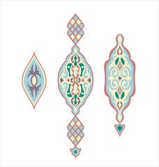Elegant Islamic ornament with geometric and floral motifs in pastel colors. Symmetric design inspired by Middle Eastern art. Perfect for invitations, backgrounds, and decorative elem